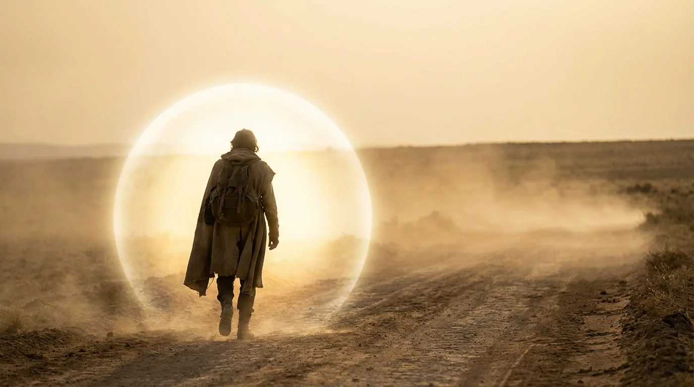 A traveler on a dusty road shielded by bright light, companions looking on.