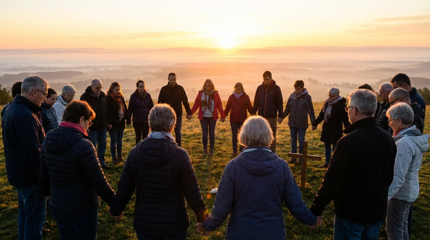 A small, diverse church group prays quietly together at dawn.