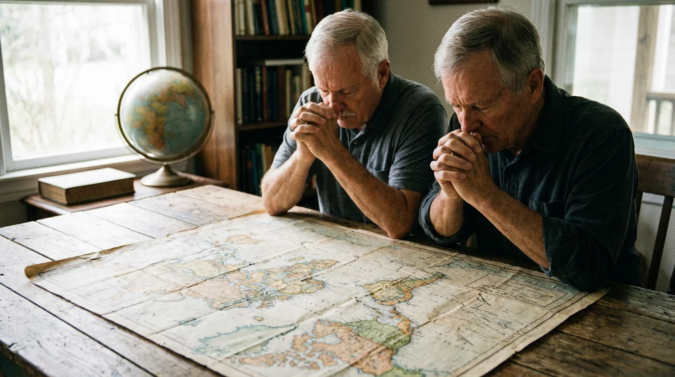 Two people pray over a spread-out world map with notes beside them.