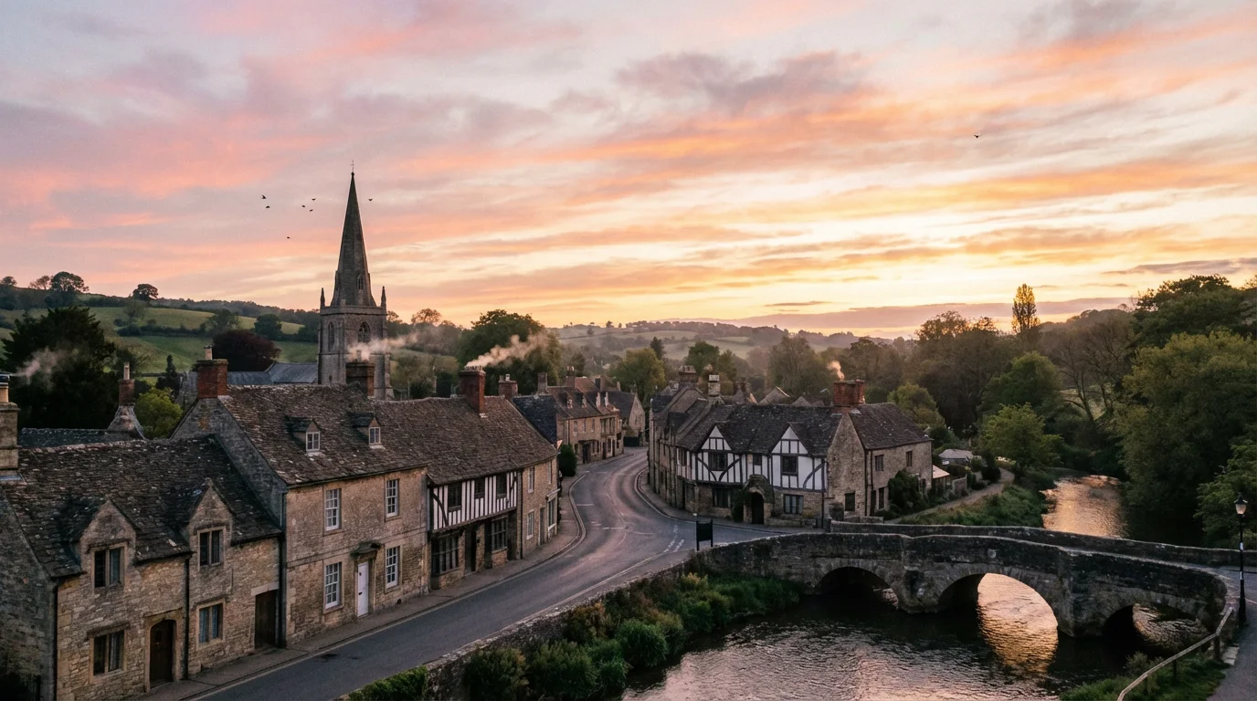 A quiet town under a soft, hopeful dawn sky.