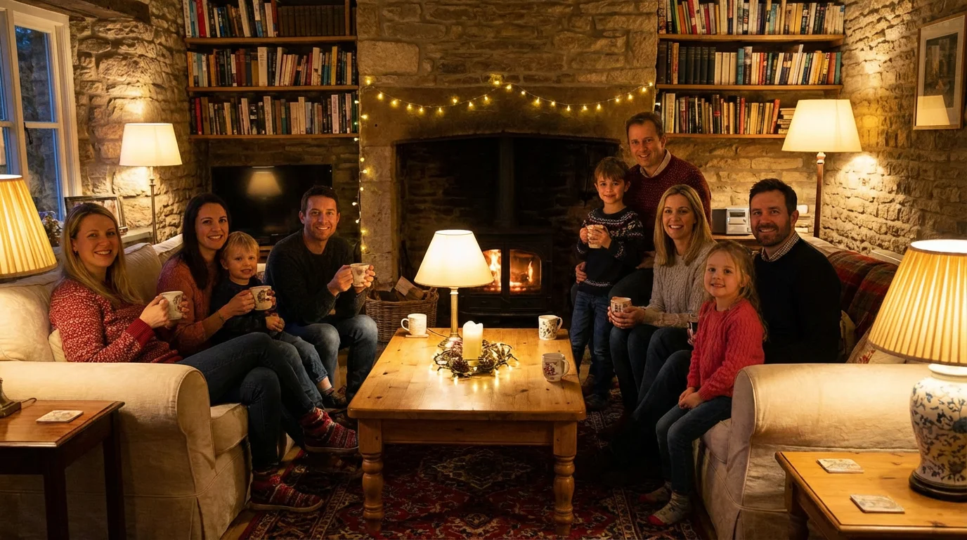 A peaceful home gathering by lamplight where a couple welcomes fellow believers.