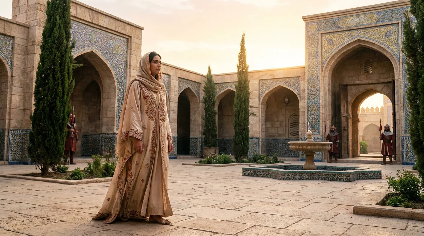 Esther stands with quiet resolve in a Persian palace courtyard at dawn.