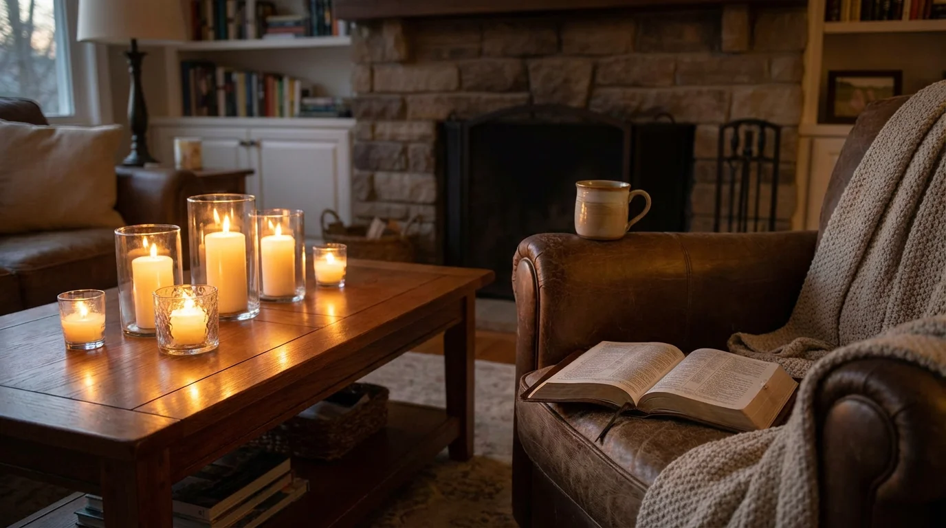 A candlelit living room with an open Bible and a mug, inviting quiet Advent reading.