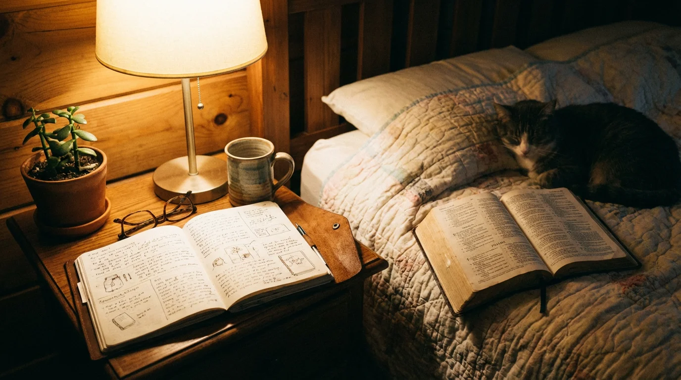 A peaceful bedside scene with an open Bible, journal, and warm lamplight.