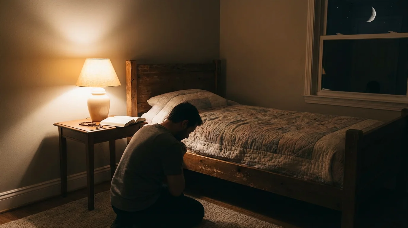 A peaceful bedroom at night with a soft lamp inviting quiet prayer.