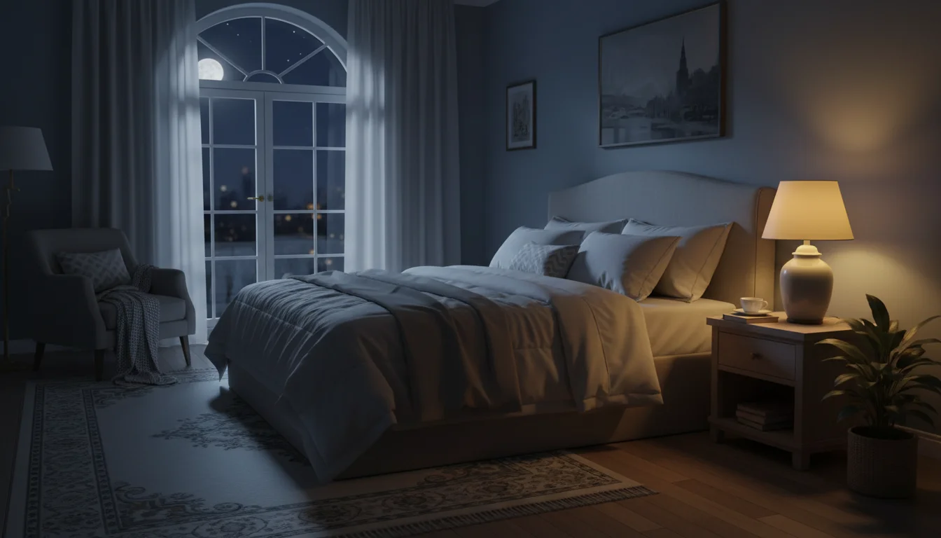 A peaceful bedroom at night with soft lamplight and a calm mood.