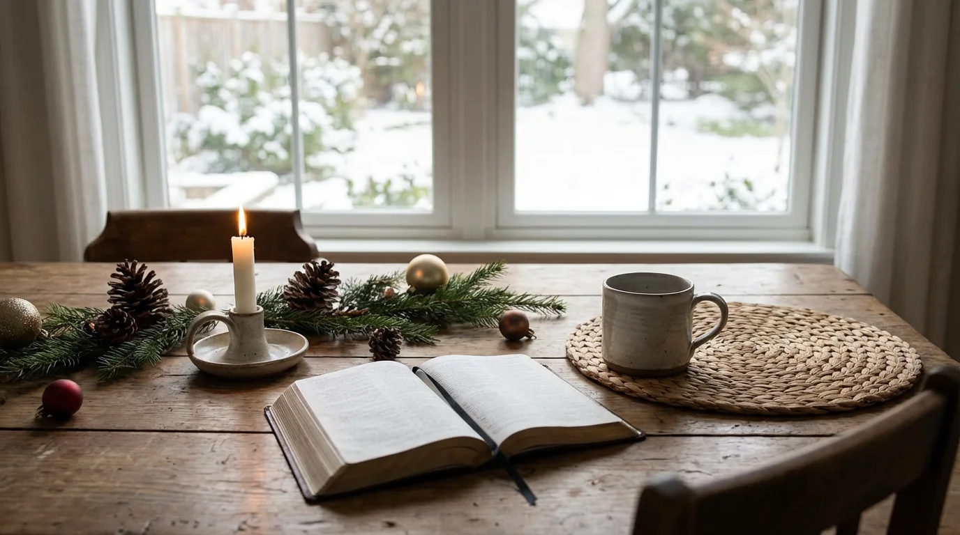 A quiet Christmas morning table with a candle, Bible, and warm mug.
