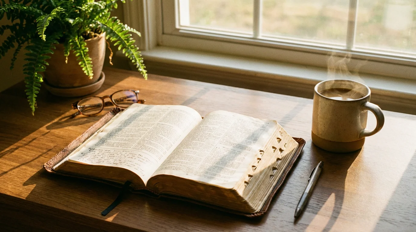 Open Bible on a quiet morning desk with a warm mug by a sunlit window.