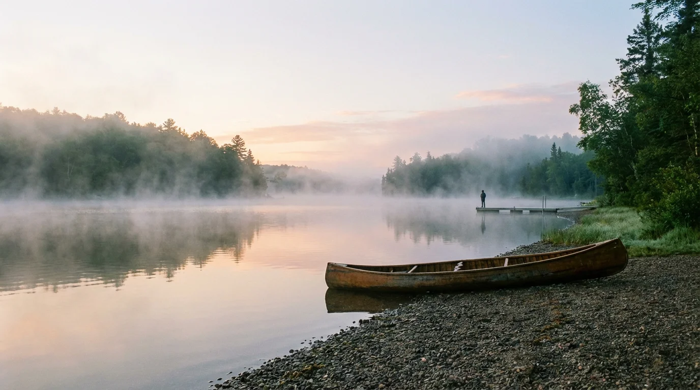 A quiet lakeshore at dawn with soft mist and gentle light.
