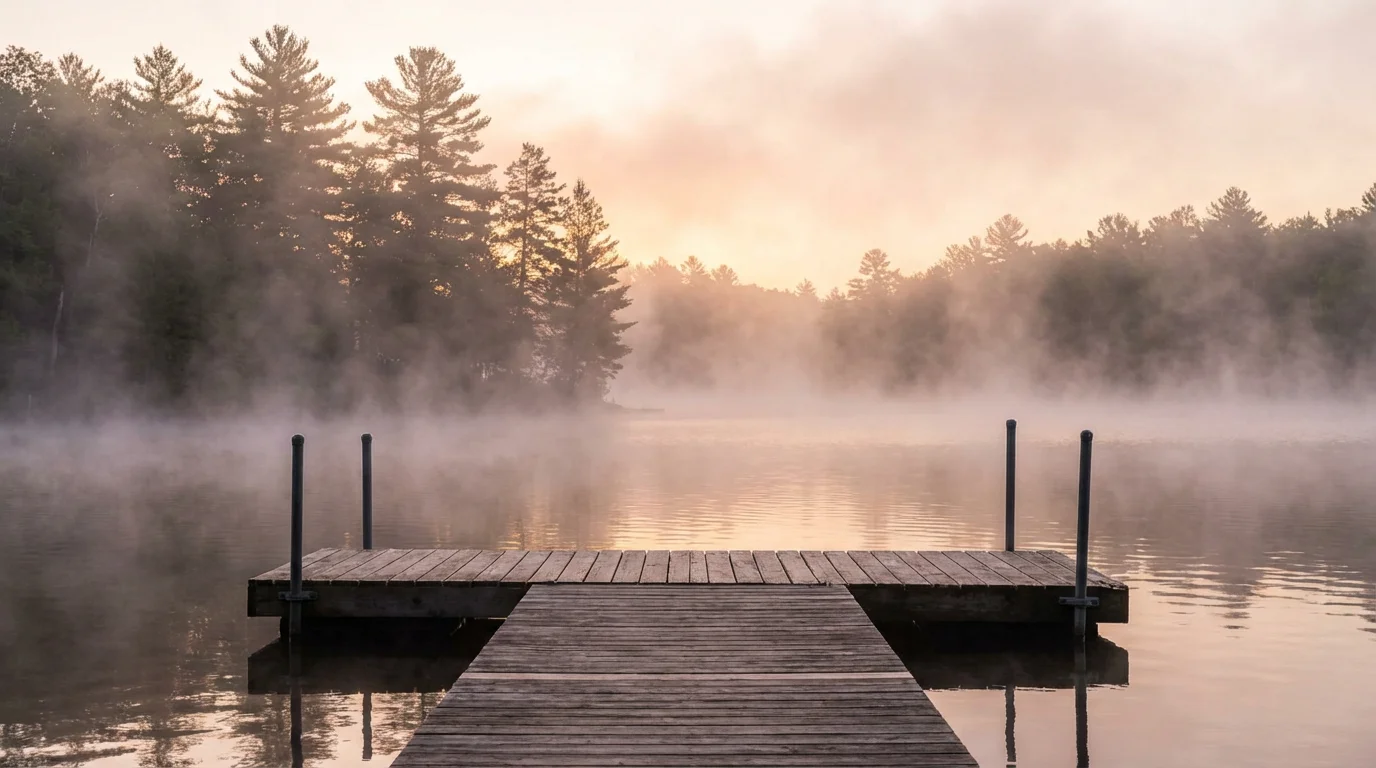 Soft dawn over a calm lake with a wooden dock and rising mist.