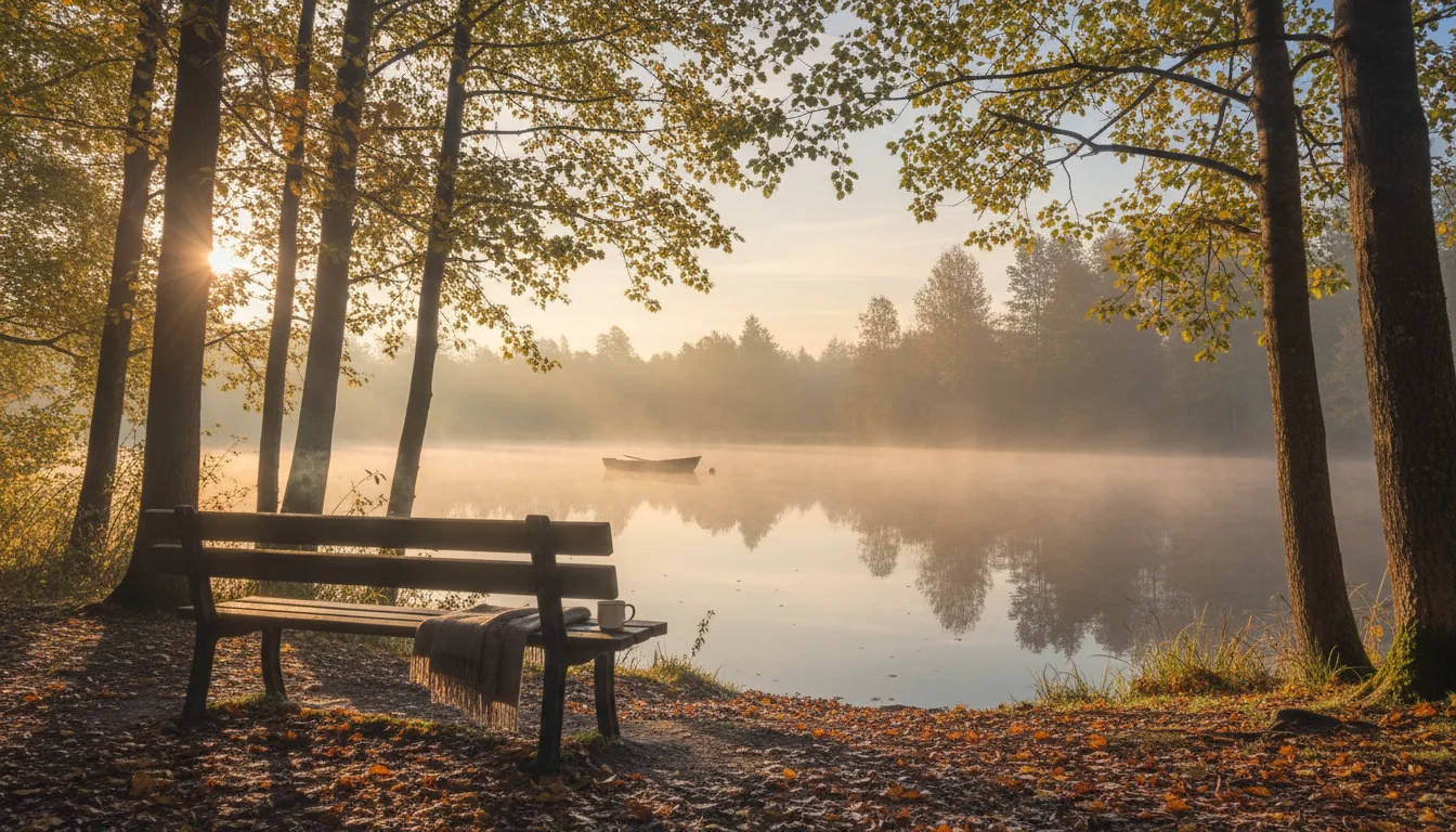 Quiet dawn over a lakeside with an empty bench, inviting reflection.