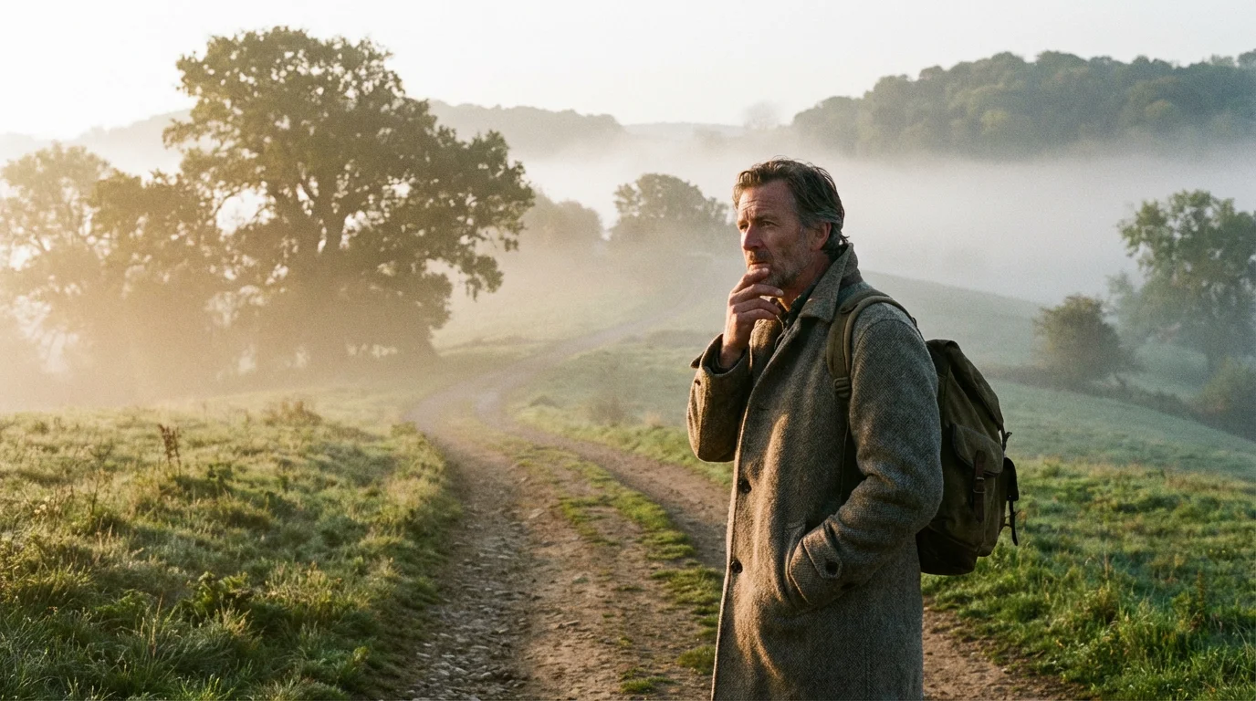 A person pauses on a misty path at dawn, considering the next step.