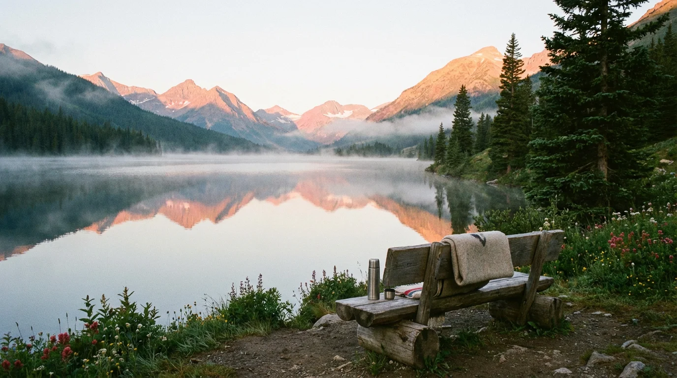 A calm mountain lake at dawn with soft light and a quiet bench.