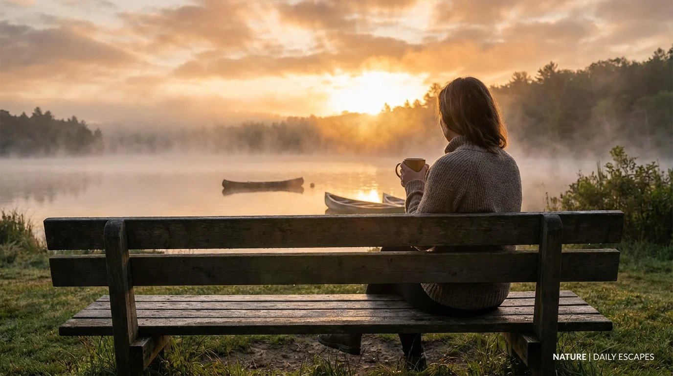 A quiet dawn over a still lake with a simple bench inviting rest.