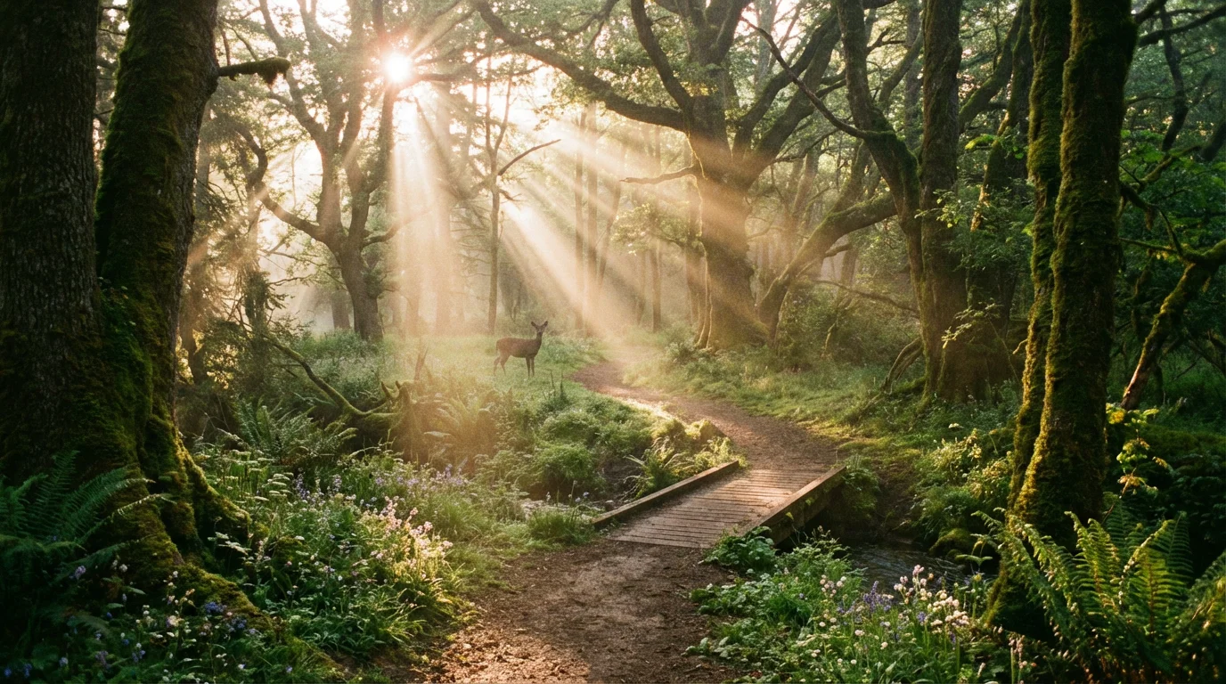 A peaceful forest path at dawn with light breaking through trees.