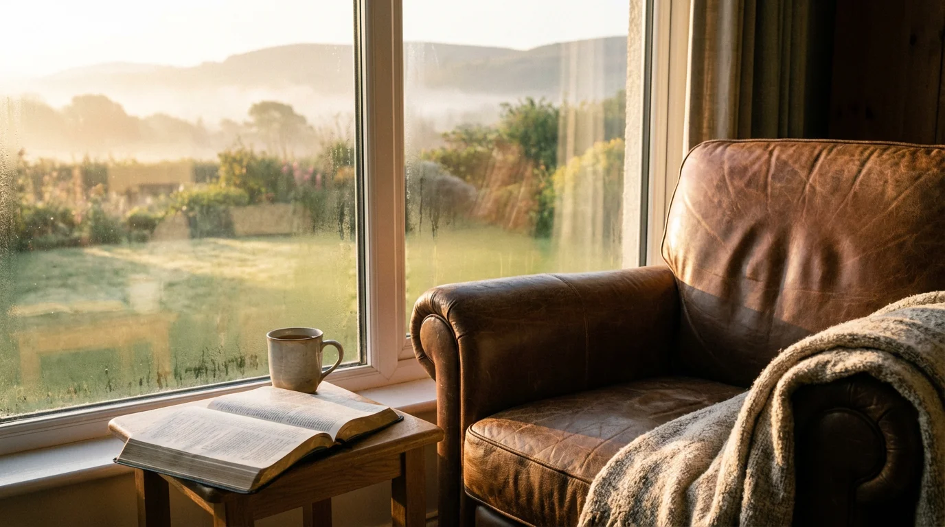 A peaceful dawn scene with a chair, open Bible, and warm mug near a window.