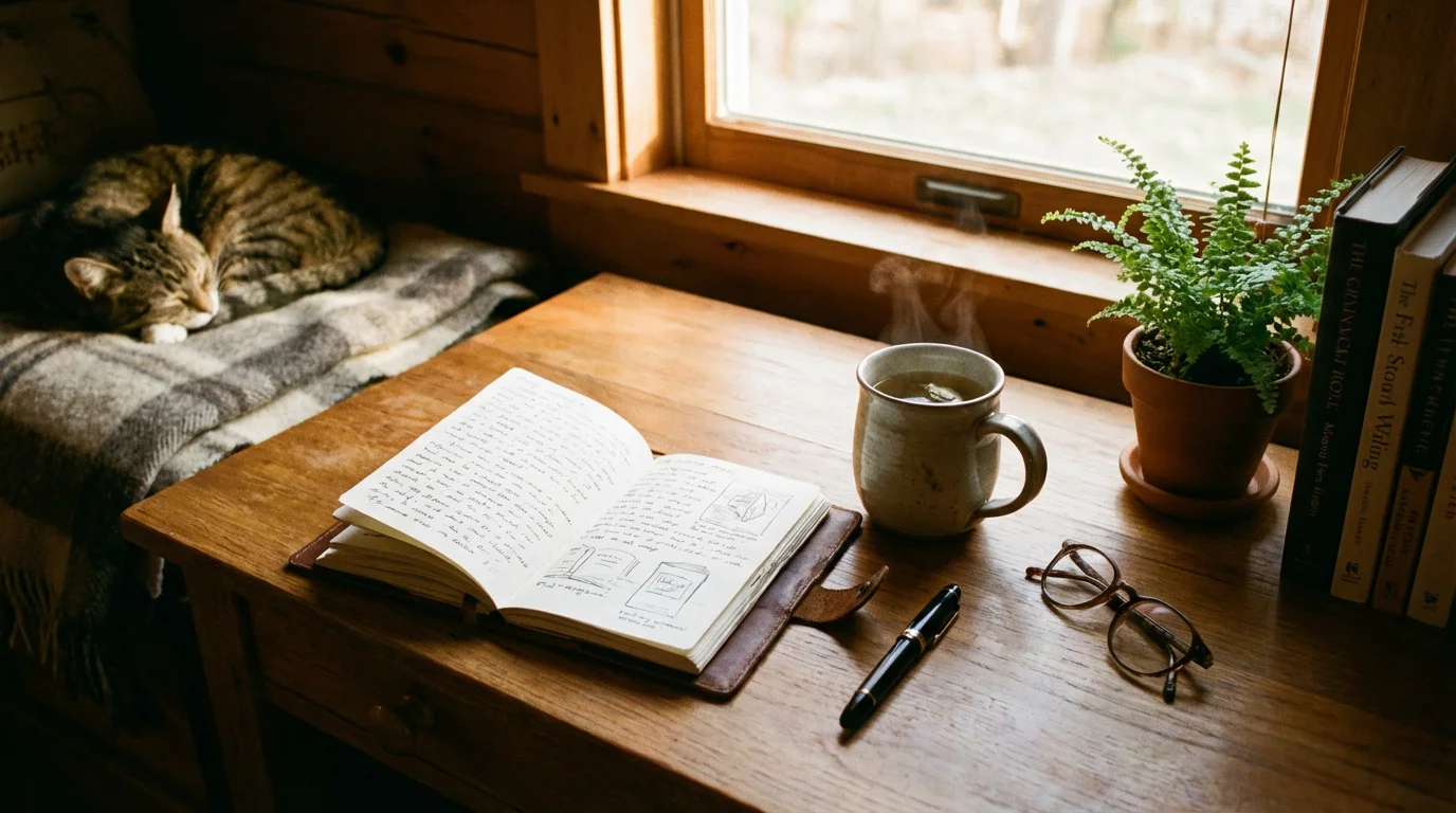 A peaceful desk with a journal and tea, suggesting reflection and planning.