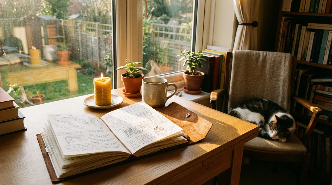 A peaceful desk by a window with an open journal and warm morning light.