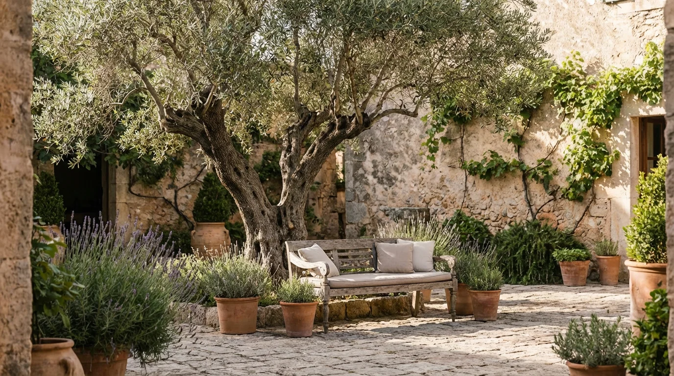 A peaceful courtyard garden with an olive tree and bench, inviting reflection.