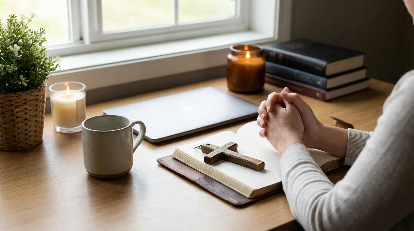 A calm home office desk with soft morning light and a quiet moment of prayer.