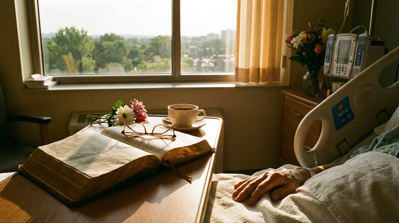 Soft morning light fills a calm hospital room with a Bible by the bed.