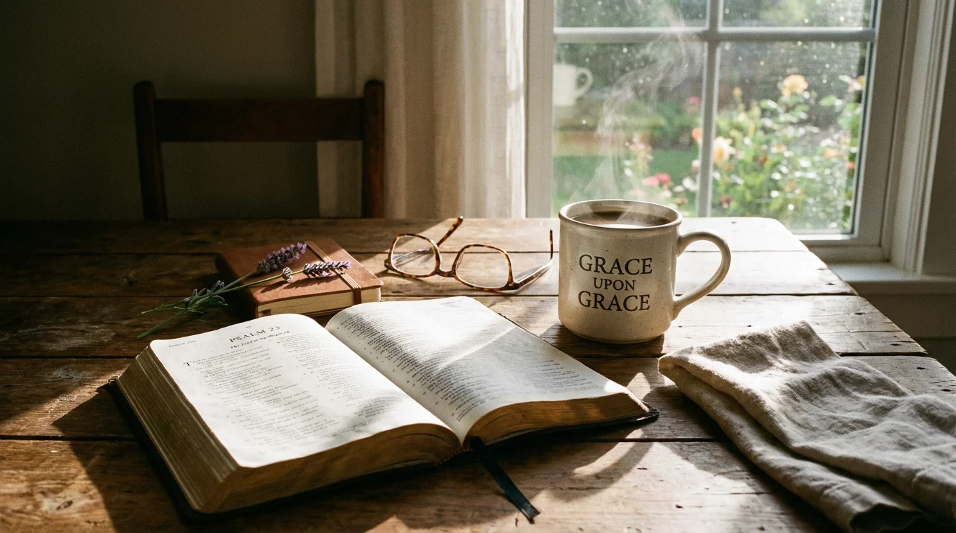 Open Bible and warm mug on a quiet morning table.