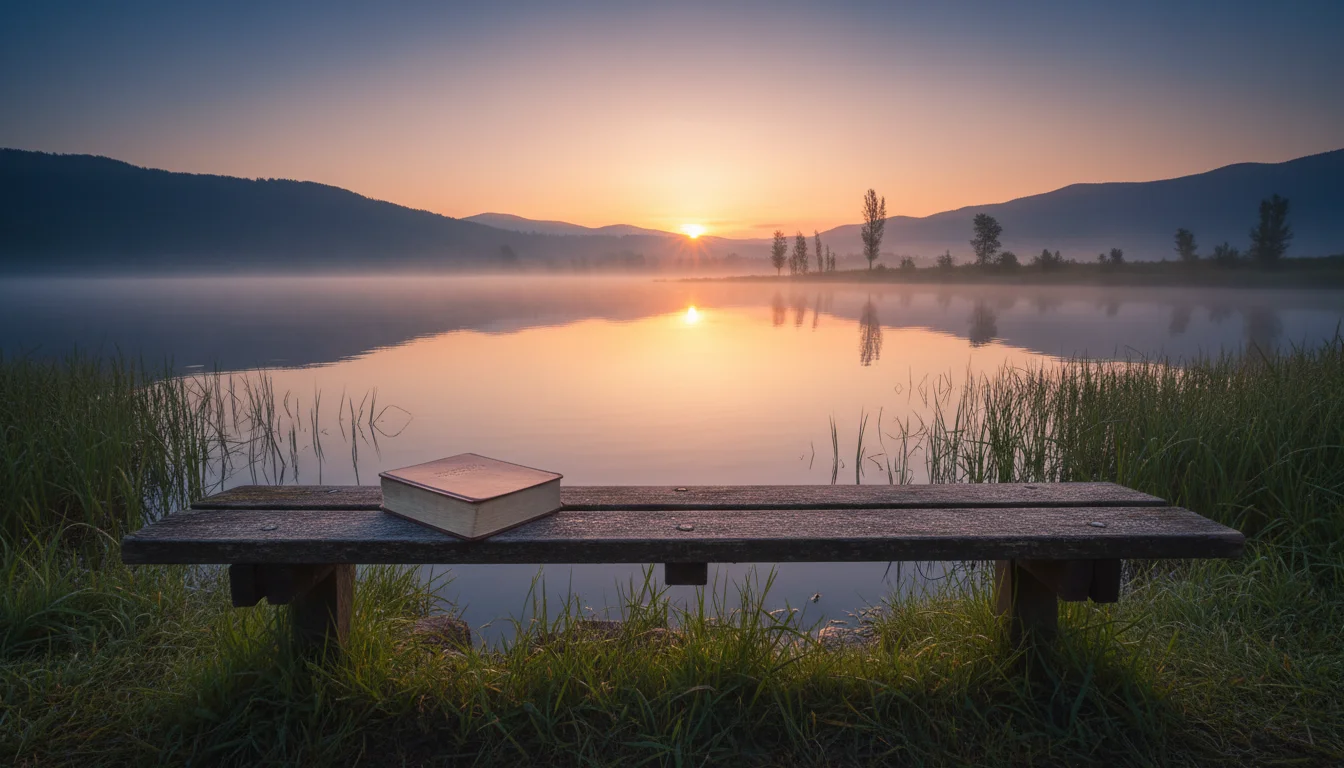 A peaceful lakeshore at dawn with a bench and a closed Bible.