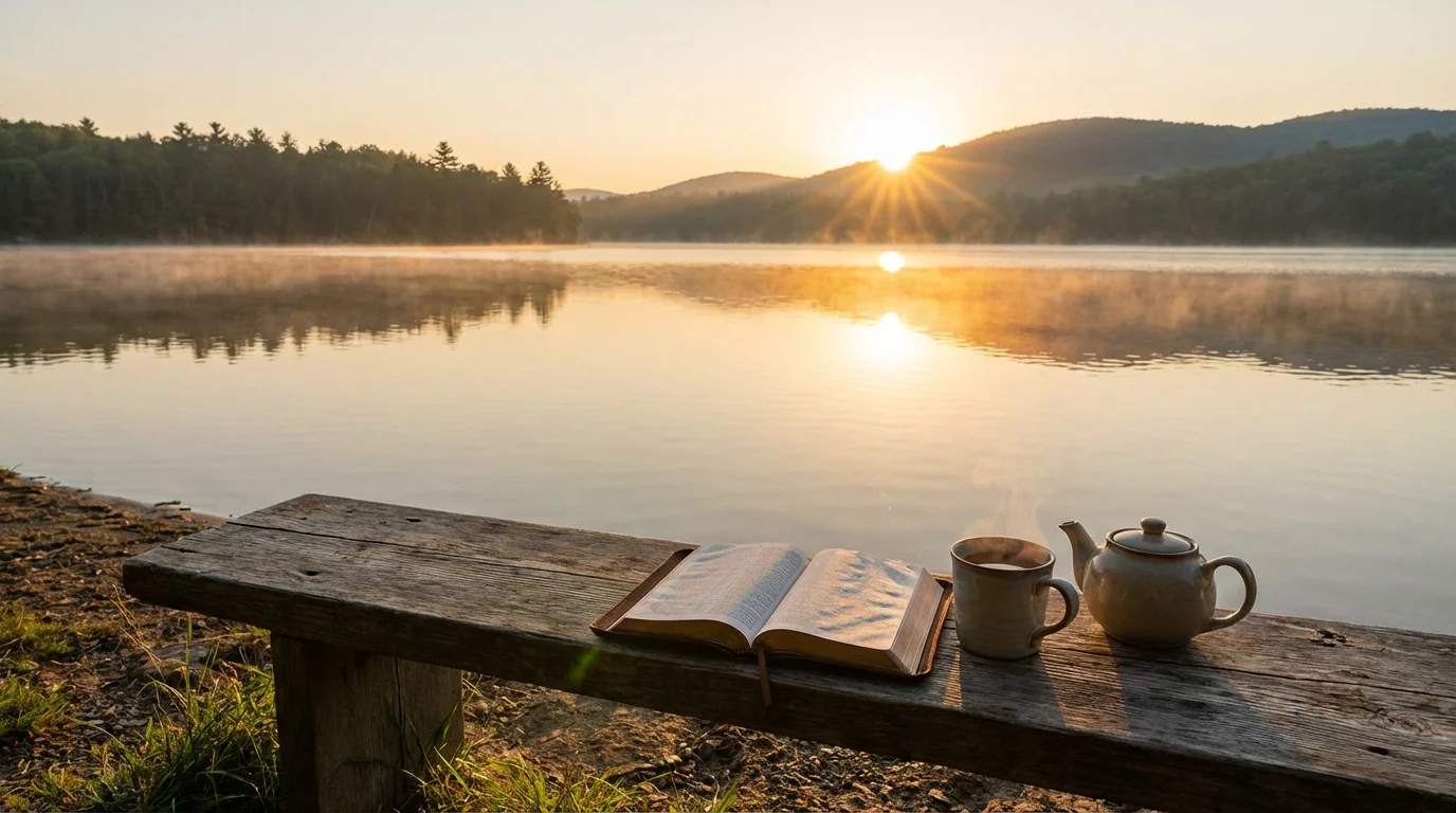A quiet lakeside sunrise with a bench, a closed Bible, and a mug of tea.