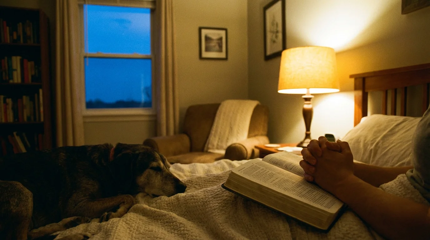 A calm bedroom at dusk with a lamp, Bible, and quiet atmosphere that invites prayer.