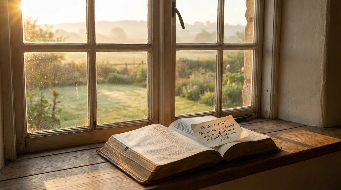 A quiet dawn scene with an open Bible and a handwritten note by a window.