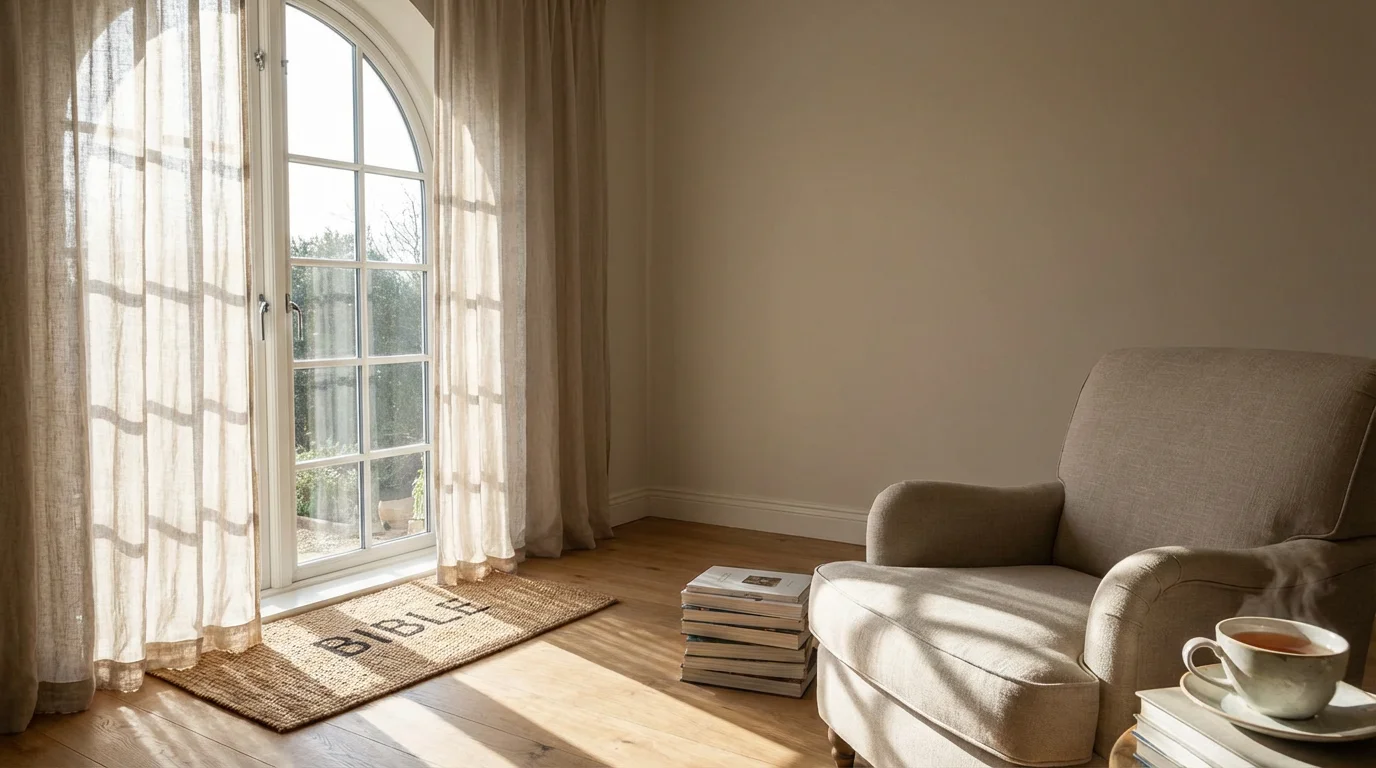 A peaceful living room with an open Bible and a rolled exercise mat by a sunny window.