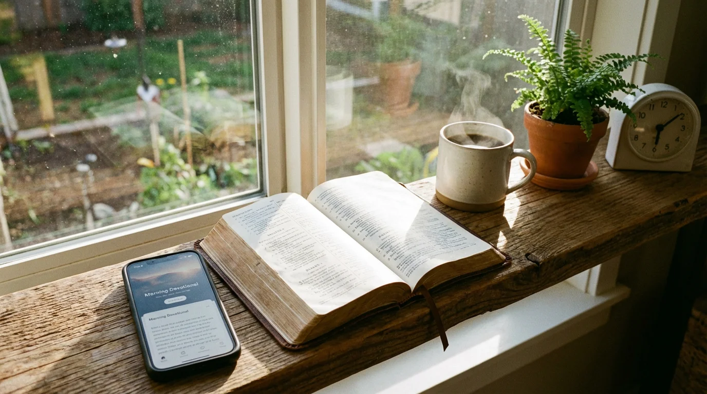 A peaceful morning with an open Bible and a phone set aside on a shelf.