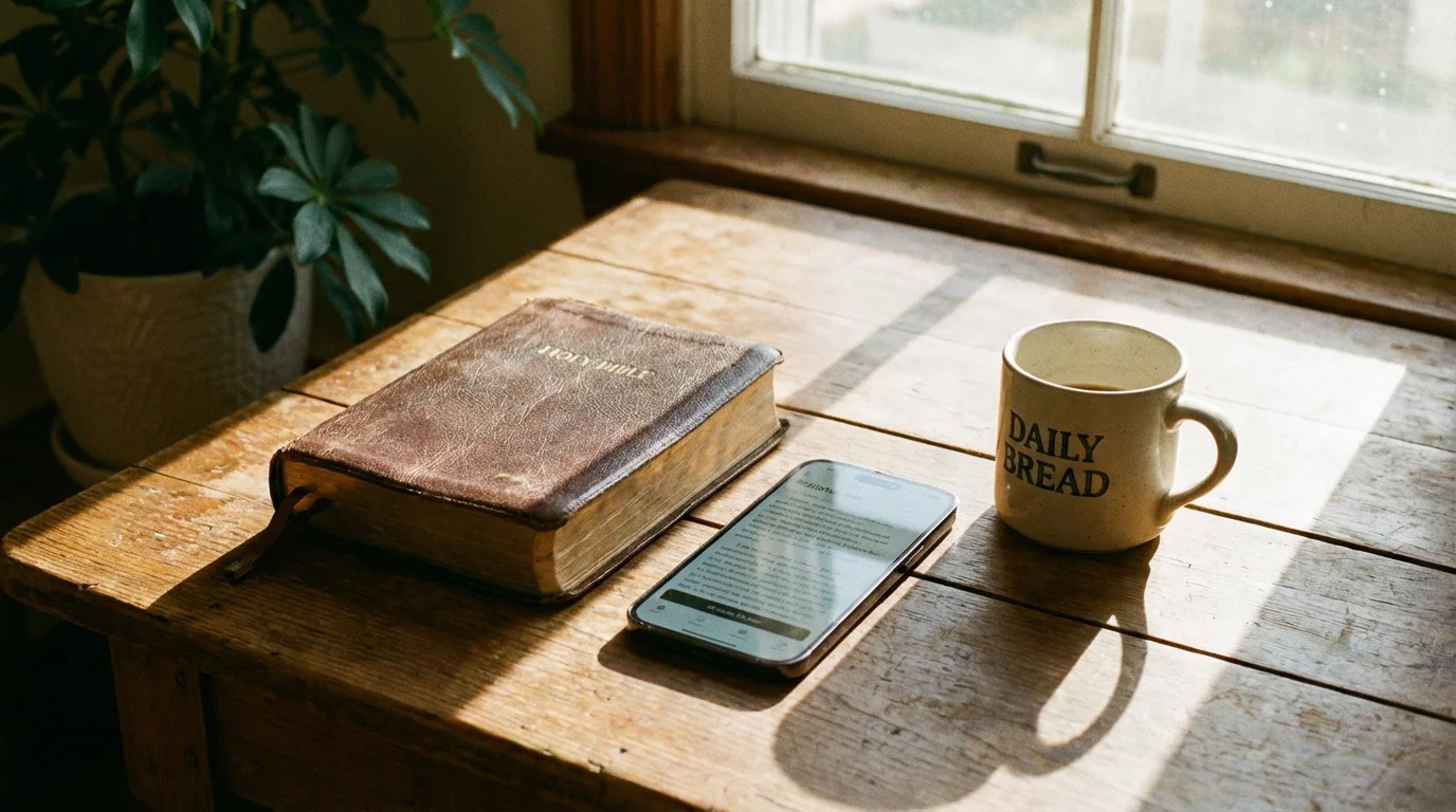 A Bible beside a facedown phone and a warm mug on a sunlit table.