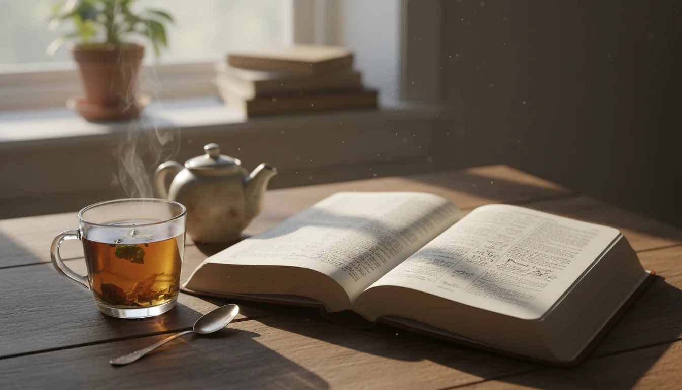 An open Bible with a warm cup of tea in morning light suggests quiet reflection.