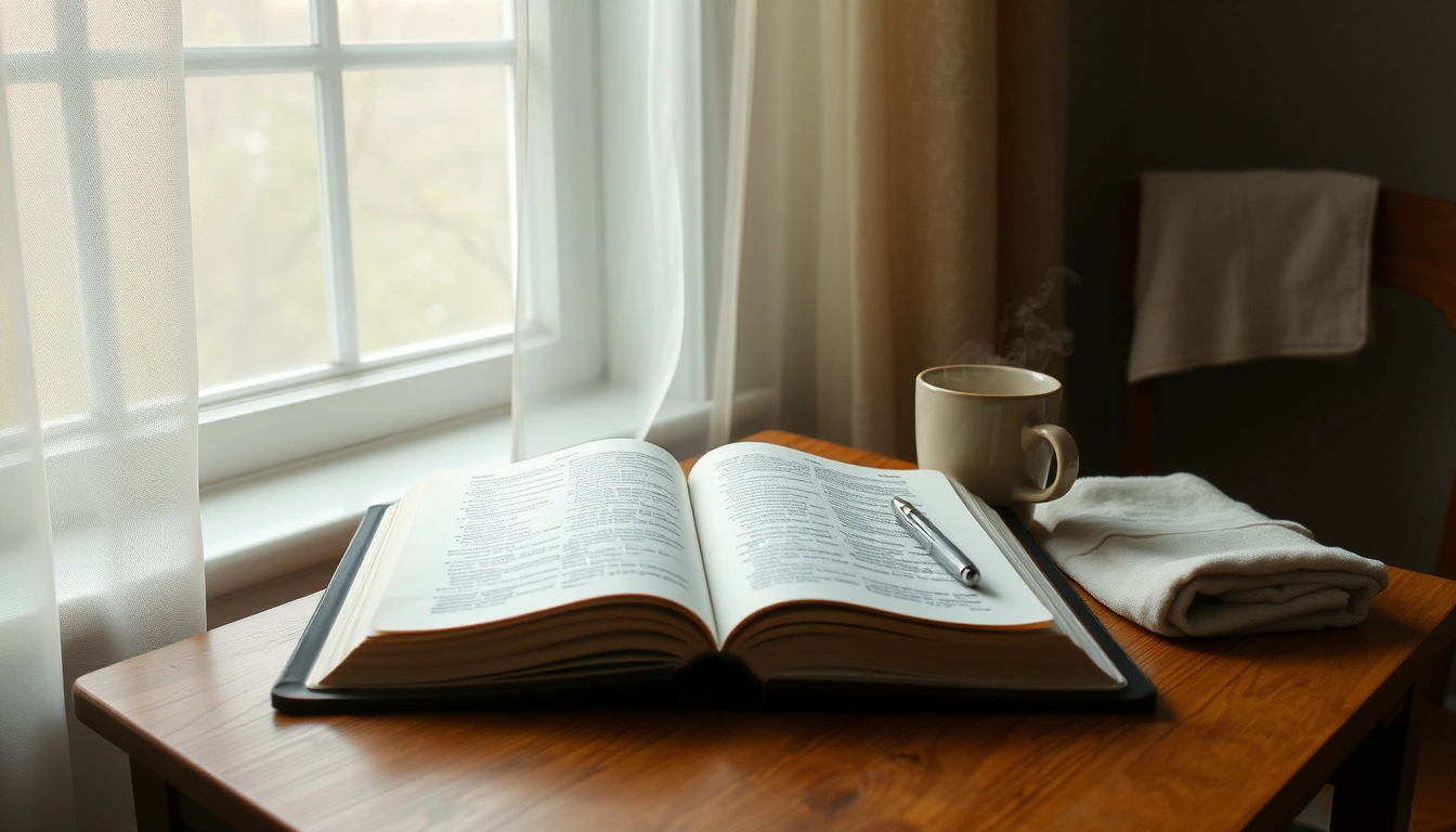 A quiet morning scene with an open Bible and a steaming mug by a sunlit window.