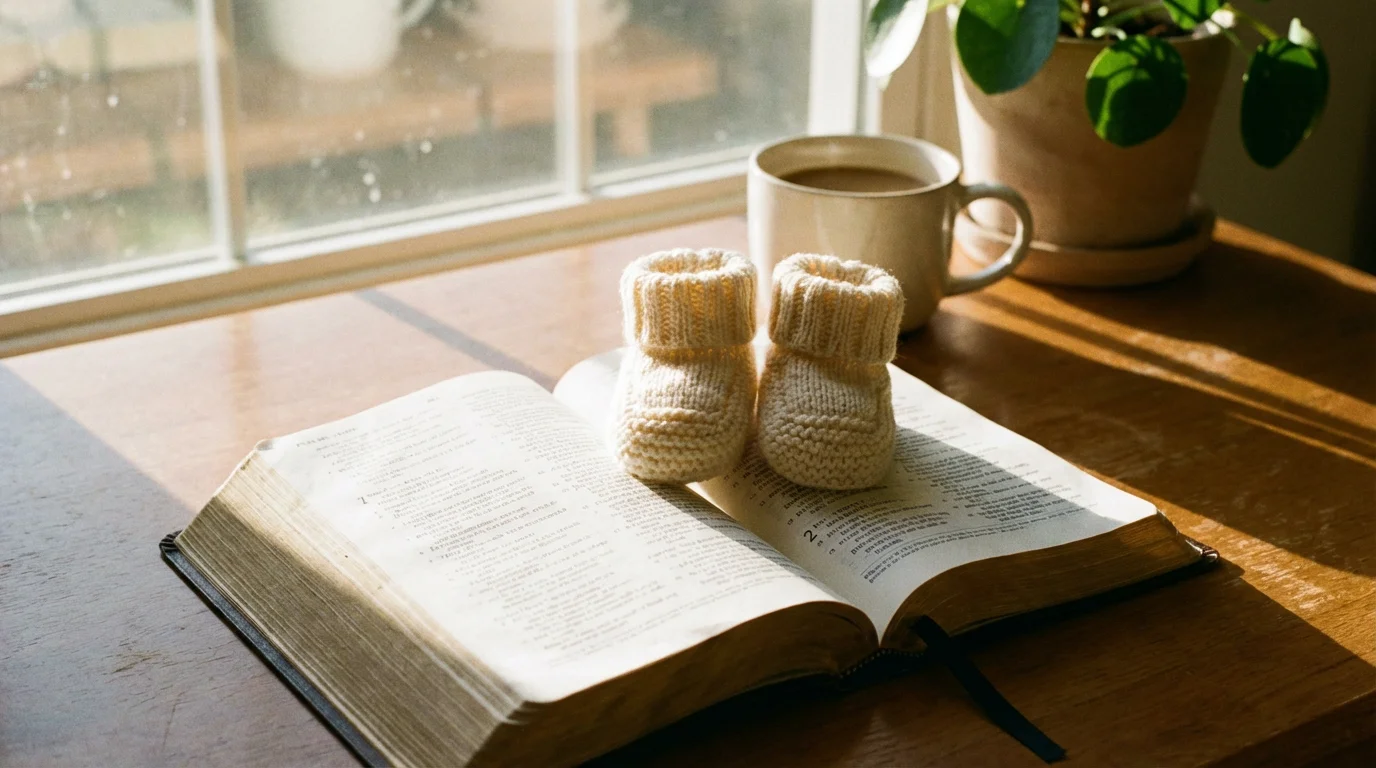 Open Bible beside baby booties in morning light, suggesting prayerful reflection.