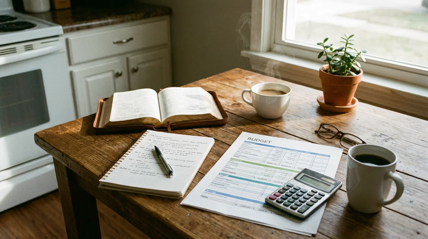 A calm morning table with an open Bible, notebook, and budget sheet.