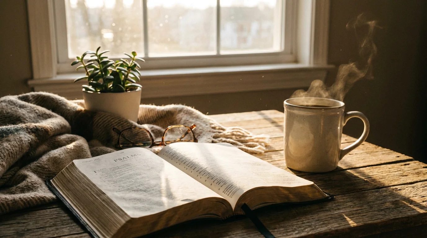 An open Bible and a warm mug sit in morning light on a kitchen table.