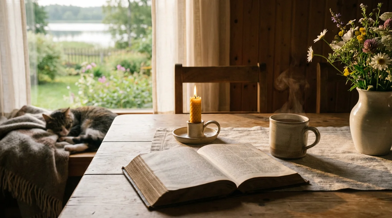 A peaceful morning table with an open Bible, candle, and tea in soft window light.