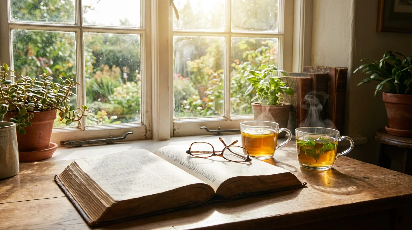 Open Bible by a sunny window with a cup of tea and reading glasses.