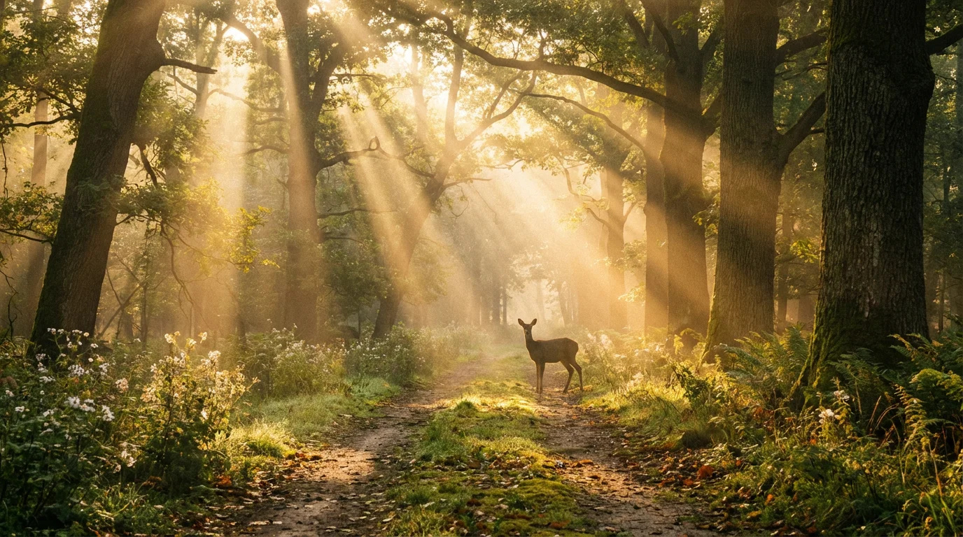 Sunlit forest path at dawn suggesting gentle guidance.
