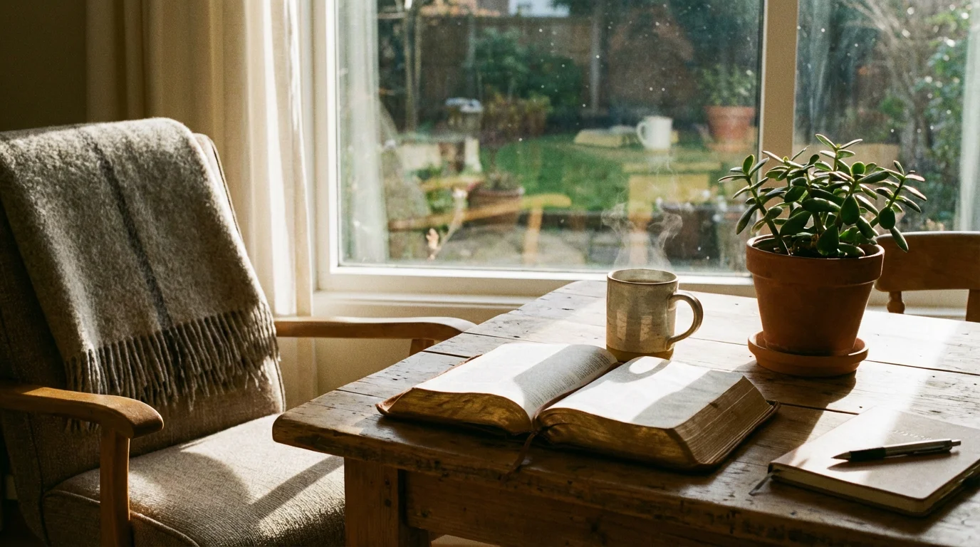 A quiet morning prayer space with an open Bible, notebook, and coffee by a window.