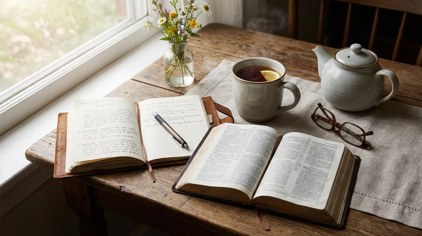 A quiet morning table with an open journal, a Bible, and a warm mug of tea.