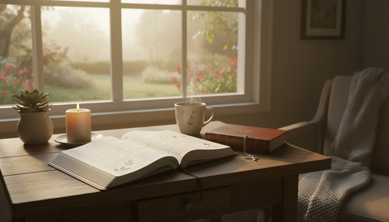 A peaceful morning setup with an open Bible, journal, and a glass of water by a window.