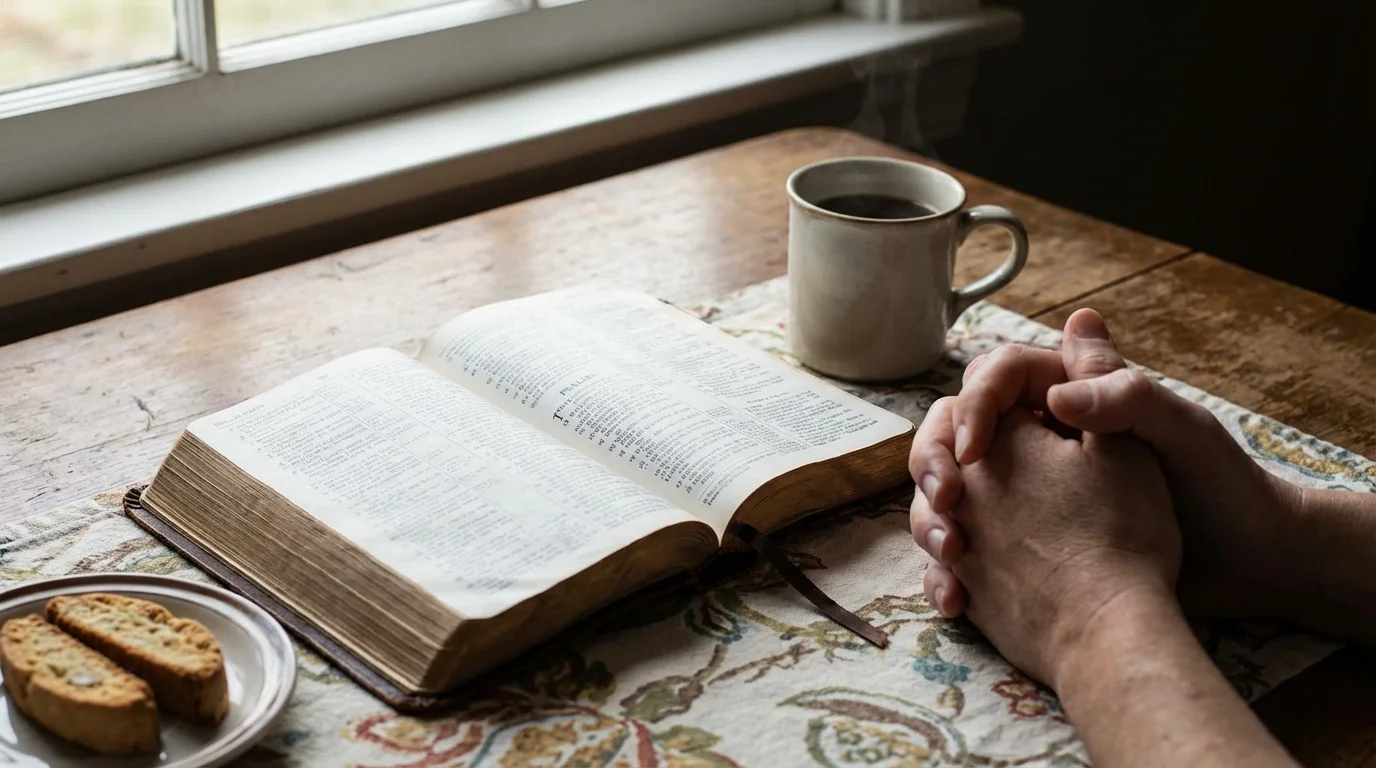 A quiet morning prayer scene with an open Bible and a steaming mug.