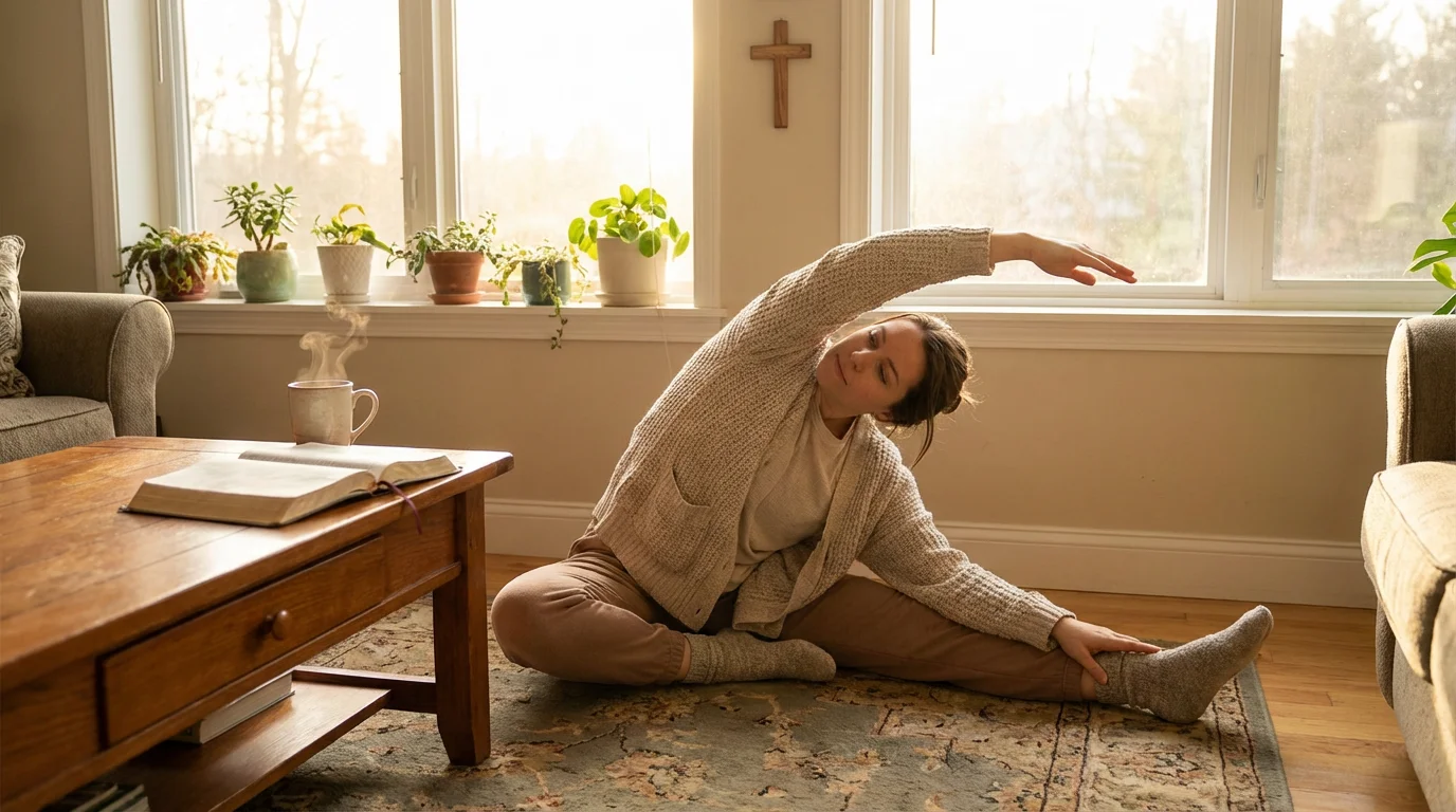 A calm morning space where someone prepares for gentle, Christ-centered stretching.