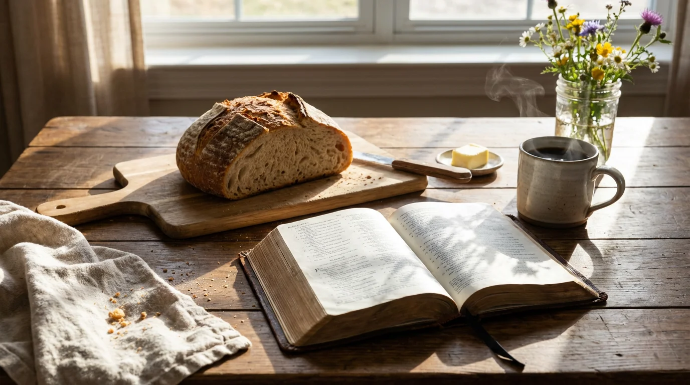 A quiet morning table with bread, a warm mug, and an open Bible in soft light.