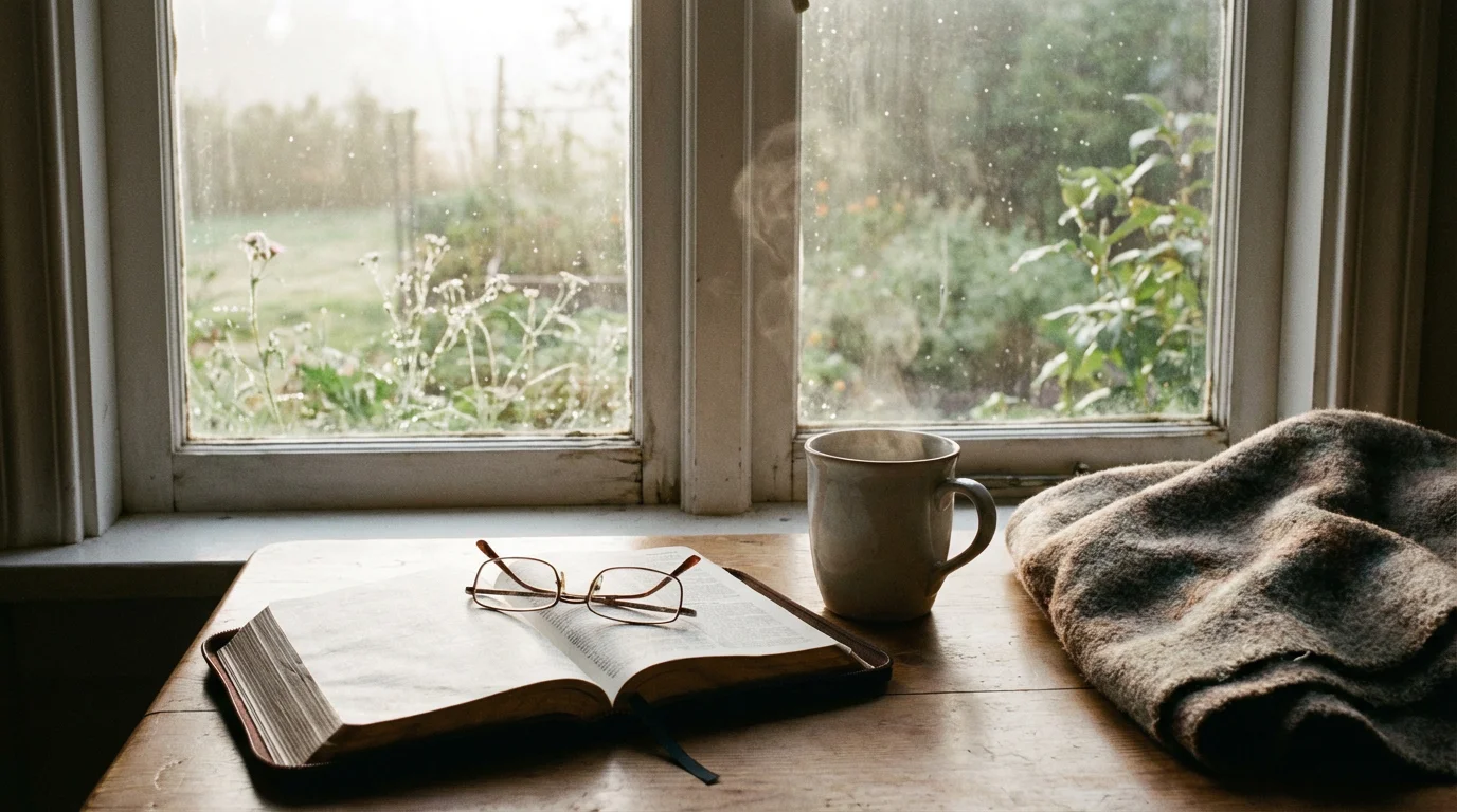 A quiet morning space with an open Bible, coffee, and a window of soft light.