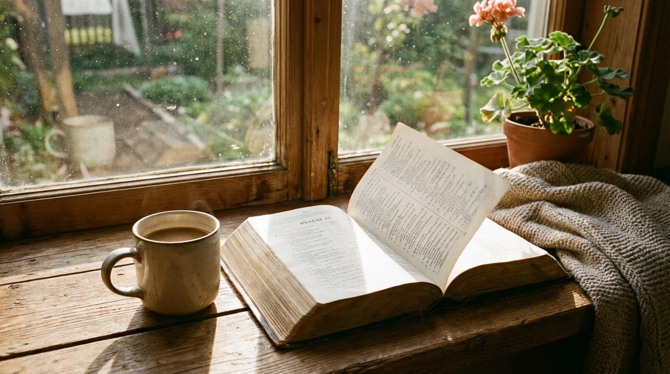 A peaceful morning setup with an open Bible and a warm mug by a sunlit window.