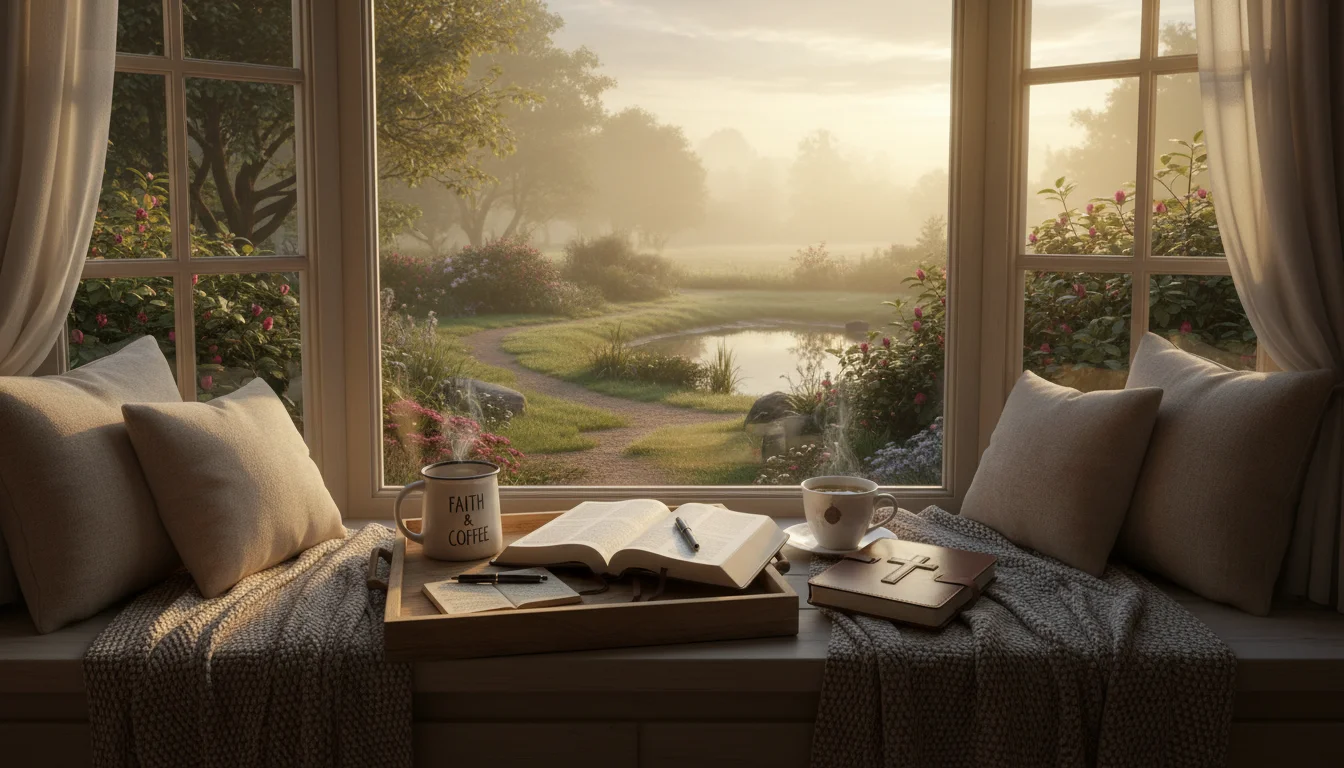 A peaceful morning setup with an open Bible, a mug, and a journal by a sunlit window.